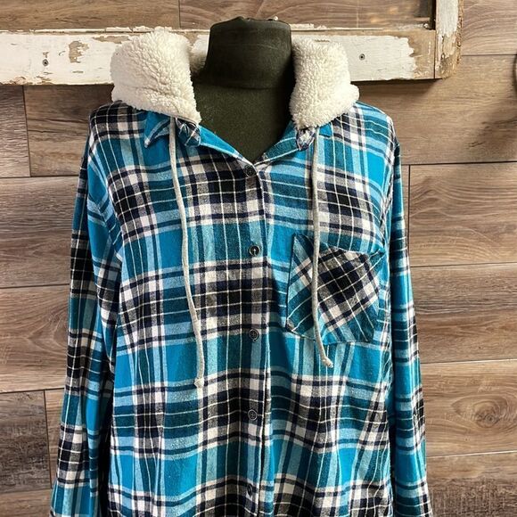 NoBo Boundaries Long Sleeve Hooded Plaid Button up Shirt XxL/2XG (19) - Picture 1 of 6